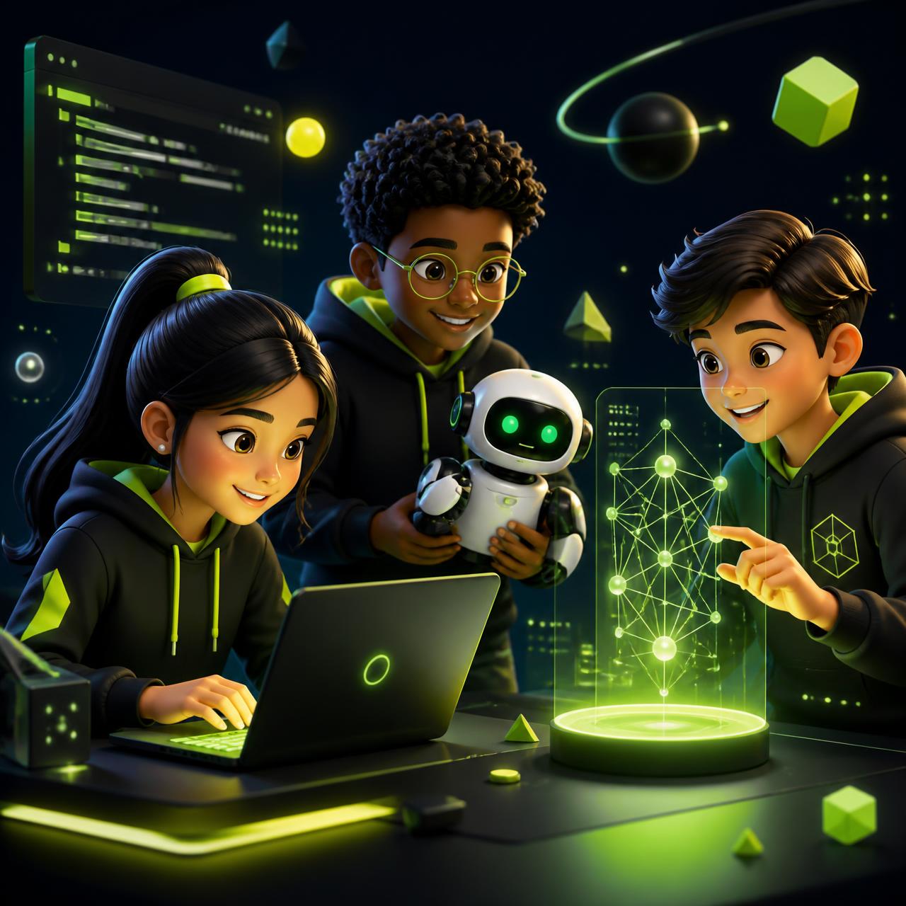 Children learning AI, coding and robotics together